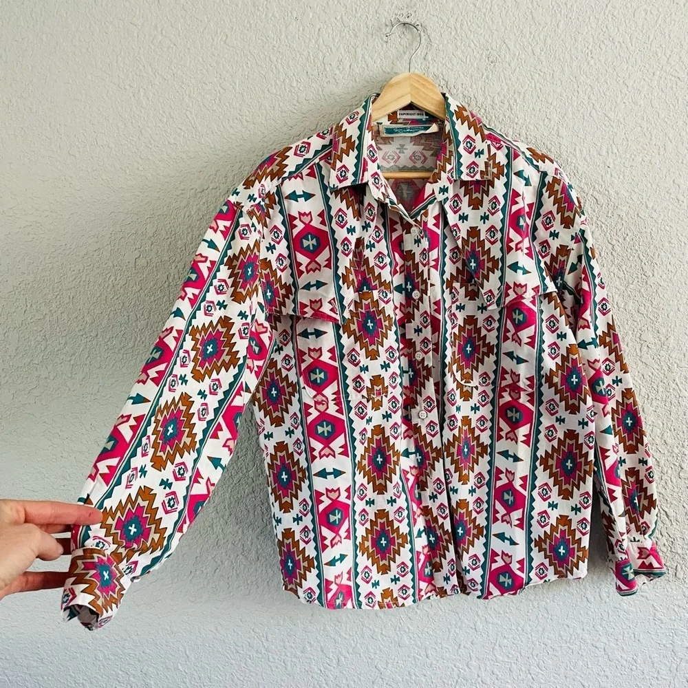 Vintage Geometric Button Down Shirt - Pink, Brown, Blue - Picture 12 of 13